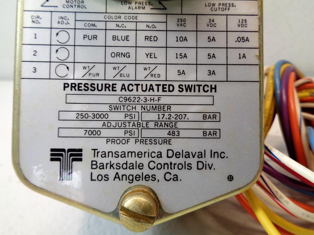 Delaval Barksdale Pressure Actuated Switch C9622-3-H-F